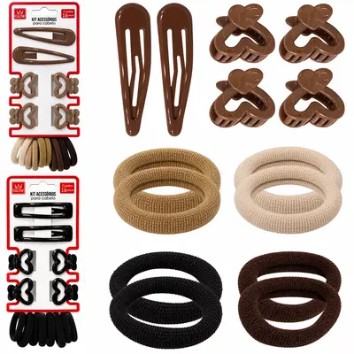 KIT ACESSORIOS PARA CABELO ELASTICO / RABICO + PRESILHA TIC TAC E MINI PIRANHA GLOW 16 PECAS