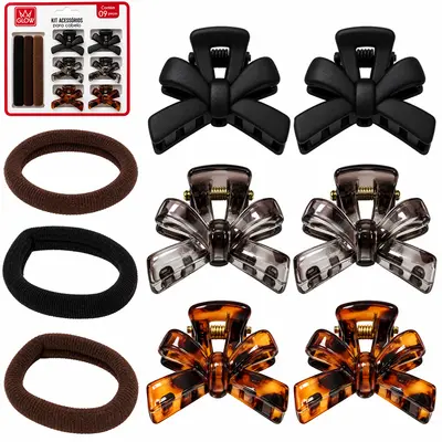 KIT ACESSORIOS PARA CABELO ELASTICO / RABICO + PIRANHA LACO GLOW 9 PECAS