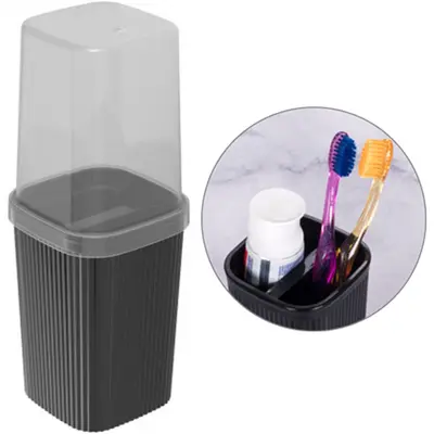 PORTA ESCOVA DENTAL DE PIA DE PLASTICO QUADRADO COM TAMPA CLASSIC FRISOS PRETO 380ML