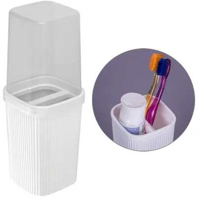 PORTA ESCOVA DENTAL DE PIA DE PLASTICO QUADRADO COM TAMPA CLASSIC FRISOS BRANCO 380ML