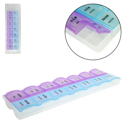 PORTA COMPRIMIDO DE PLASTICO RETANGULAR SEMANAL DIA E NOITE COM 14 COMPARTIMENTOS 21,5X6CM
