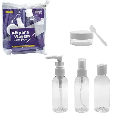 KIT FRASCO DE PLASTICO PARA VIAGEM + ESPATULA 5 PECAS NA BOLSA CVD