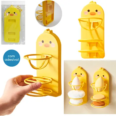 SUPORTE DE PLASTICO PATO PARA 3 ESPONJAS DE MAQUIAGEM AUTOADESIVO 17X8,5X7CM