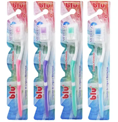 ESCOVA DENTAL MEDIA COM PROTETOR DE CERDA COLORS BLU