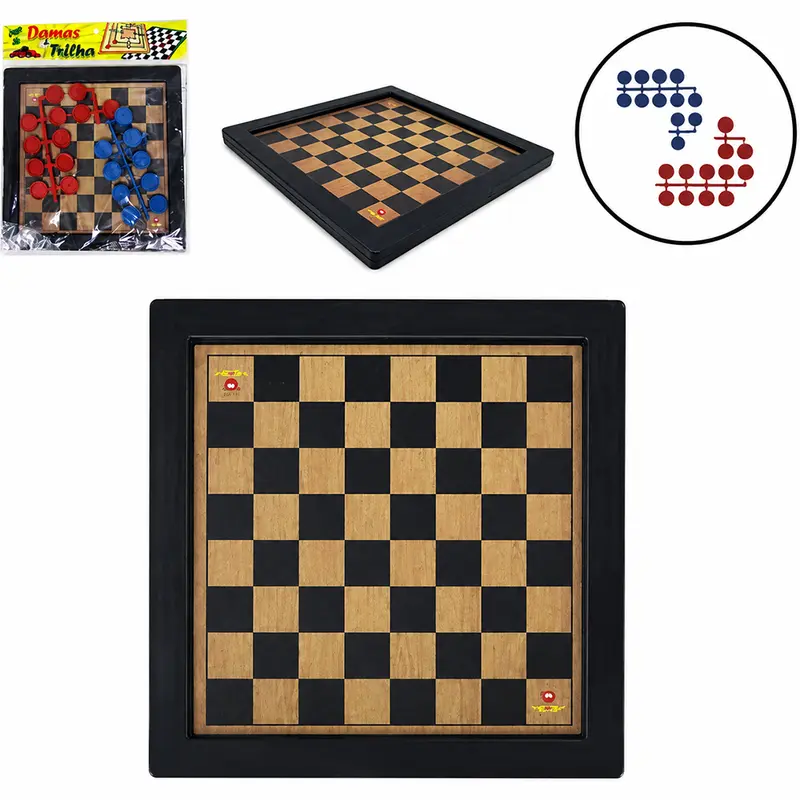 JOGO DE DAMA E TRILHA DE MADEIRA / PLASTICO 23X23CM NA SOLAPA