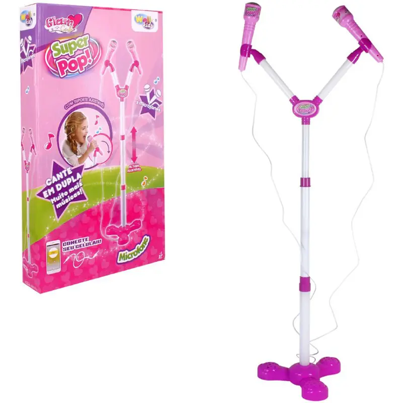 MICROFONE MUSICAL INFANTIL DUPLO COM PEDESTAL GLAM GIRLS 120CM + CABO P2 A PILHA WELLKIDS
