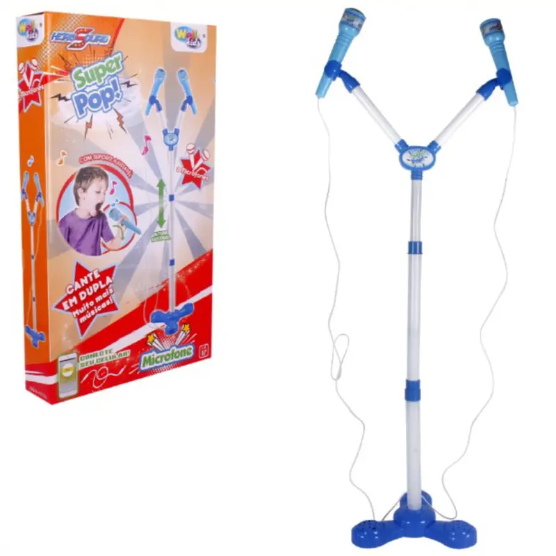 MICROFONE MUSICAL INFANTIL DUPLO COM PEDESTAL HERO SQUAD 120CM + CABO P2 A PILHA WELLKIDS