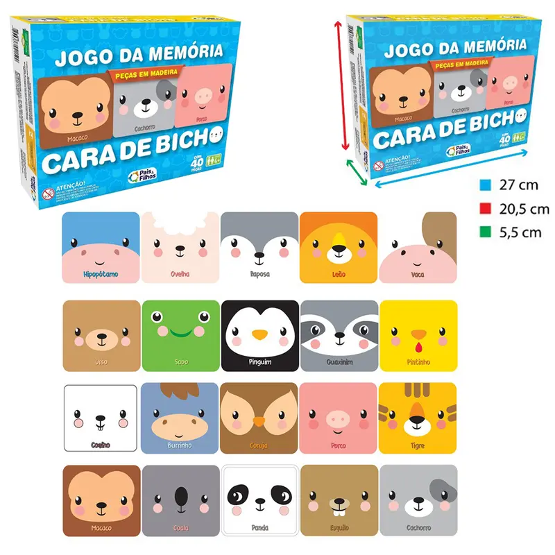 JOGO DA MEMORIA DE MADEIRA MDF CARA DE BICHO COM 40 PECAS