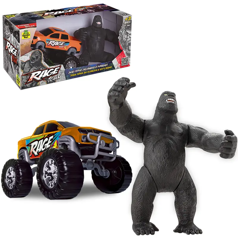 CARRO PICK-UP RODA LIVRE COM GORILA DE VINIL RAGE TRUCK NA CAIXA
