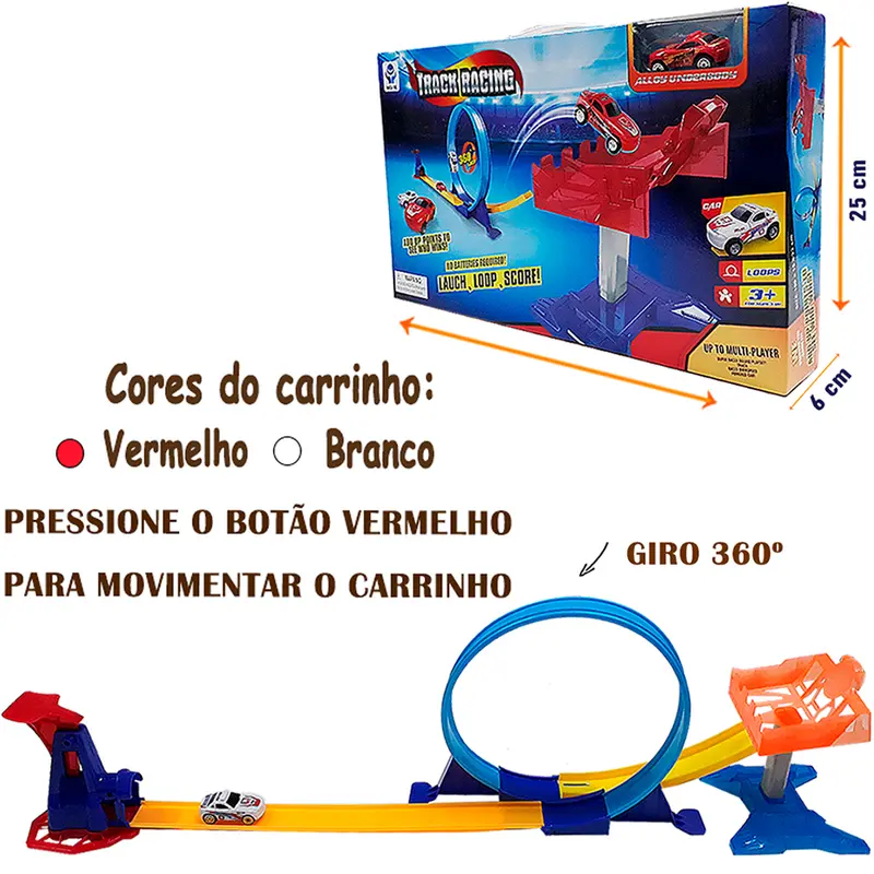 CARRO COM LANCADOR + PISTA LOOPING RADICAL TRACK RACING 360º COM 11 PECAS NA CAIXA