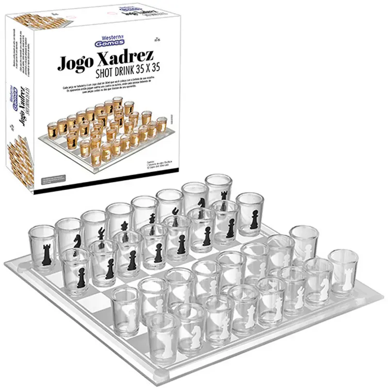 JOGO DE SHOT / JOGO DE XADREZ DRINK TABULEIRO DE VIDRO 35CM COM 32 COPOS 20ML NA CAIXA