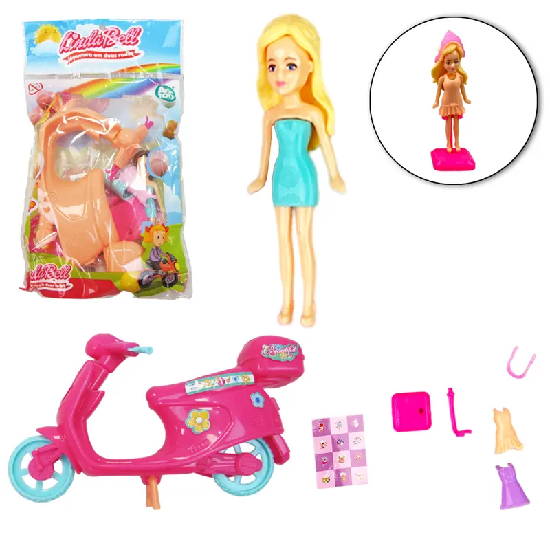 BONECA LINDA BELL TROCA ROUPA DE PLASTICO COM MOTO + ACESSORIOS RODA LIVRE 7 PECAS