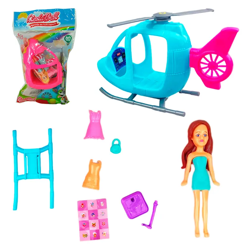 BONECA LINDA BELL TROCA ROUPA DE PLASTICO COM HELICOPTERO + ACESSORIOS 10 PECAS
