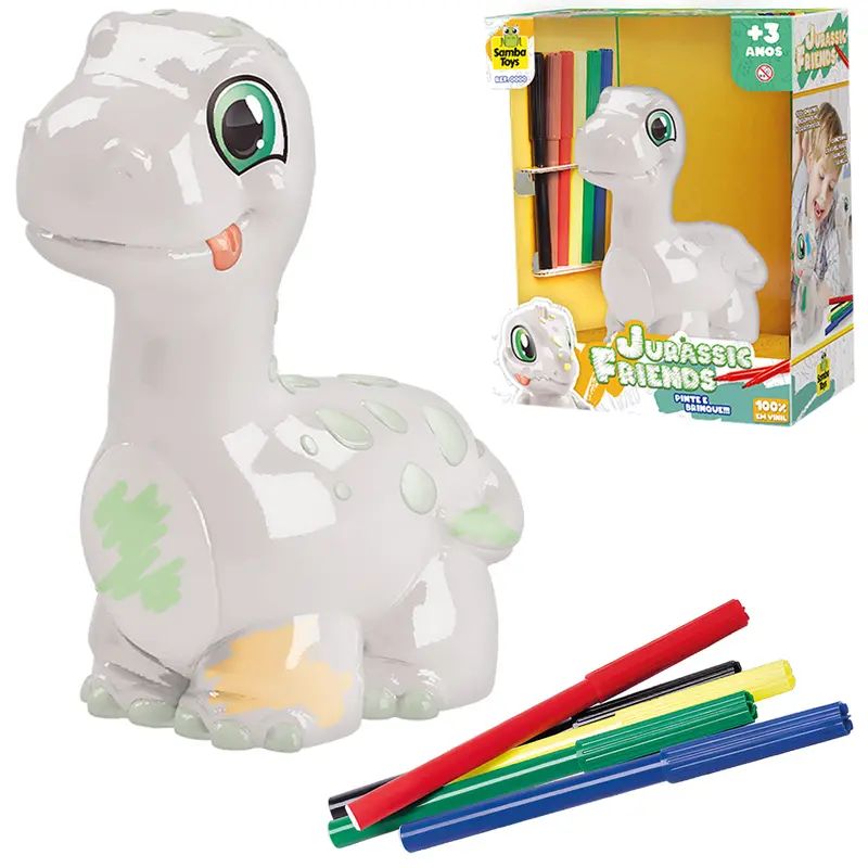 ANIMAL DINOSSAURO BRAQUEOSSAURO DE VINIL COM 6 CANETINHAS HIDROCOR JURASSIC FRIENDS PINTURA