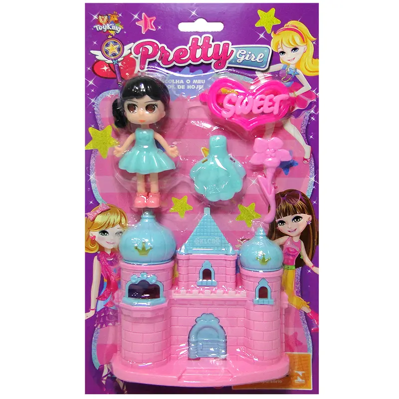 CASA / CASINHA CASTELO COM BONECA TROCA ROUPA DE PLASTICO + ACESSORIO PRETTY GIRL 5 PECAS