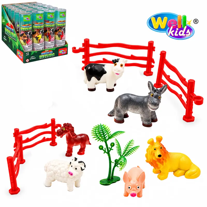 KIT ANIMAL FAZENDA DE PLASTICO COM ACESSORIOS 11 PECAS NO TUBO DP PLAY WELLKIDS