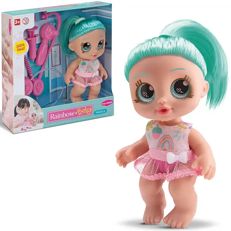 BONECA RAINBOW BABY MEDICA COM COM ESTETOSCOPIO + ACESSORIOS 4 PECAS