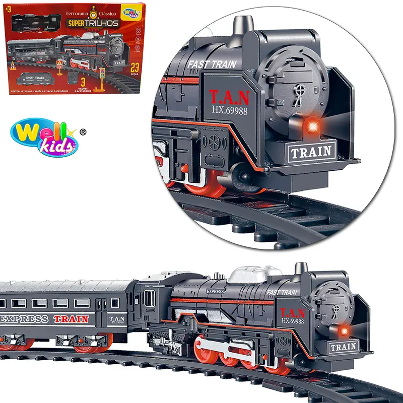 TREM LOCOMOTIVA CLASSICO COM TRILHO SUPER TRILHOS COM LUZ + SOM A PILHA 23 PECAS
