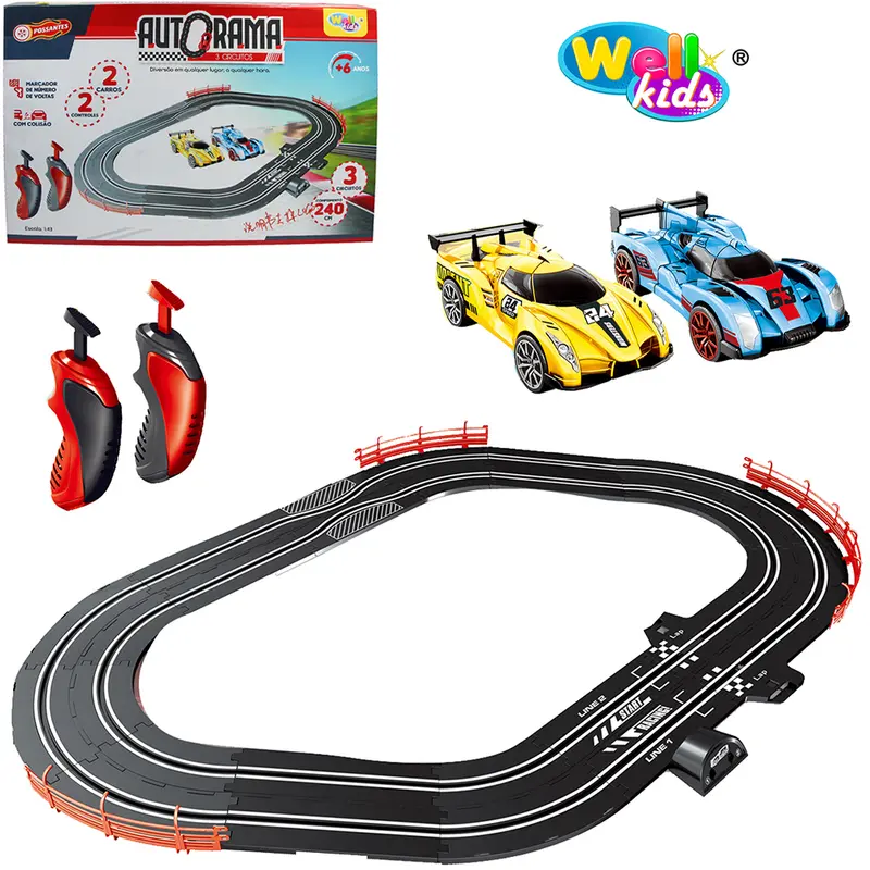 PISTA AUTORAMA 3 CIRCUITOS COM 2 CARROS + 2 CONTROLES E MARCADOR DE VOLTA POSSANTES CABO USB 240CM 33 PECAS