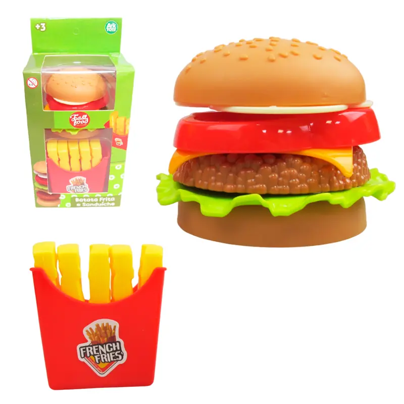 KIT COZINHA INFANTIL COM LANCHE HAMBURGUER + BATATA FRITA FAST FOOD 13 PECAS