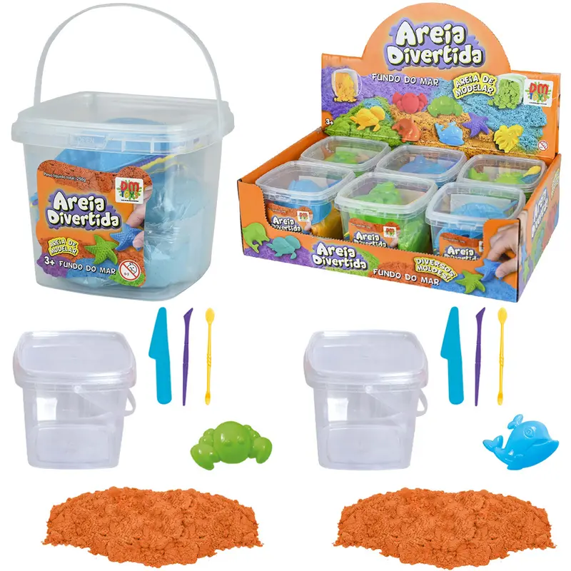 AREIA DE MODELAR DIVERTIDA 250G COM MOLDE FUNDO DO MAR + 3 ACESSORIOS NO BALDE