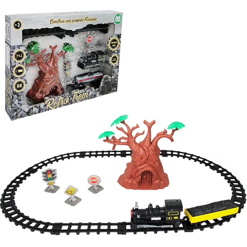 TREM LOCOMOTIVA COM TRILHO A PILHA RETRO COM ACESSORIOS 15 PECAS
