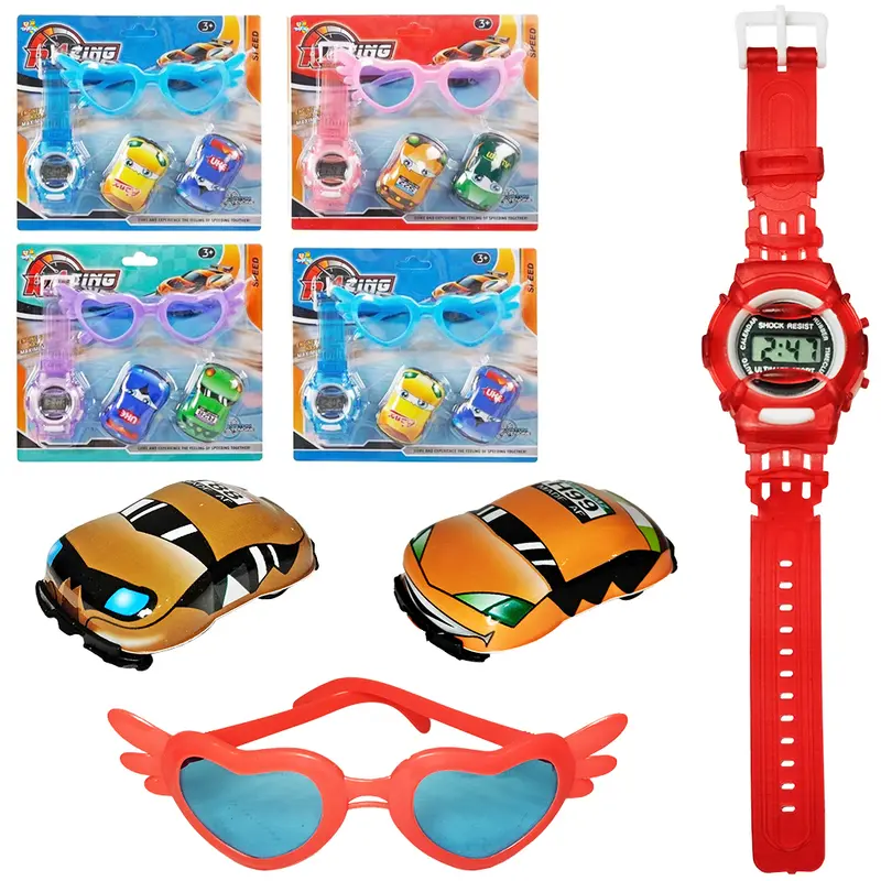 KIT BELEZA INFANTIL COM OCULOS + RELOGIO DE PULSO E 2 CARRO A FRICCAO PULL BACK RACING