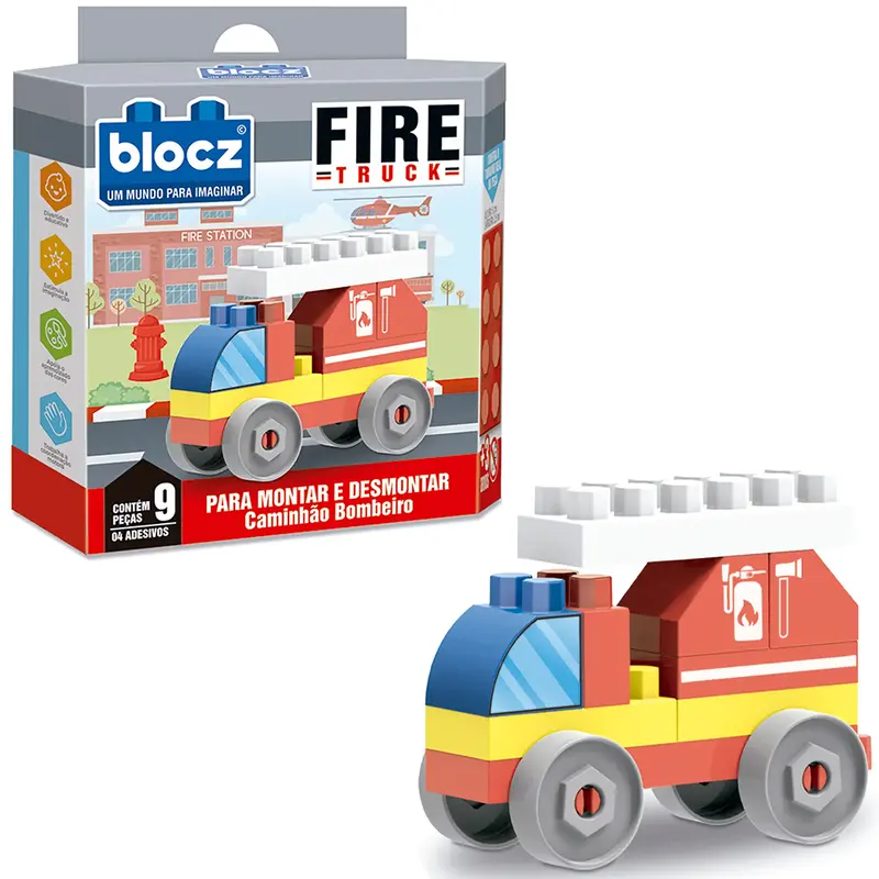BLOCOS DE MONTAR BLOCKS CAMINHAO BOMBEIRO FIRE TRUCK COM 4 ADESIVOS E 9 PECAS