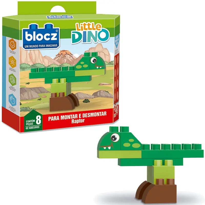 BLOCOS DE MONTAR BLOCKS RAPTOR LITTLE DINO COM 2 ADESIVOS E 8 PECAS