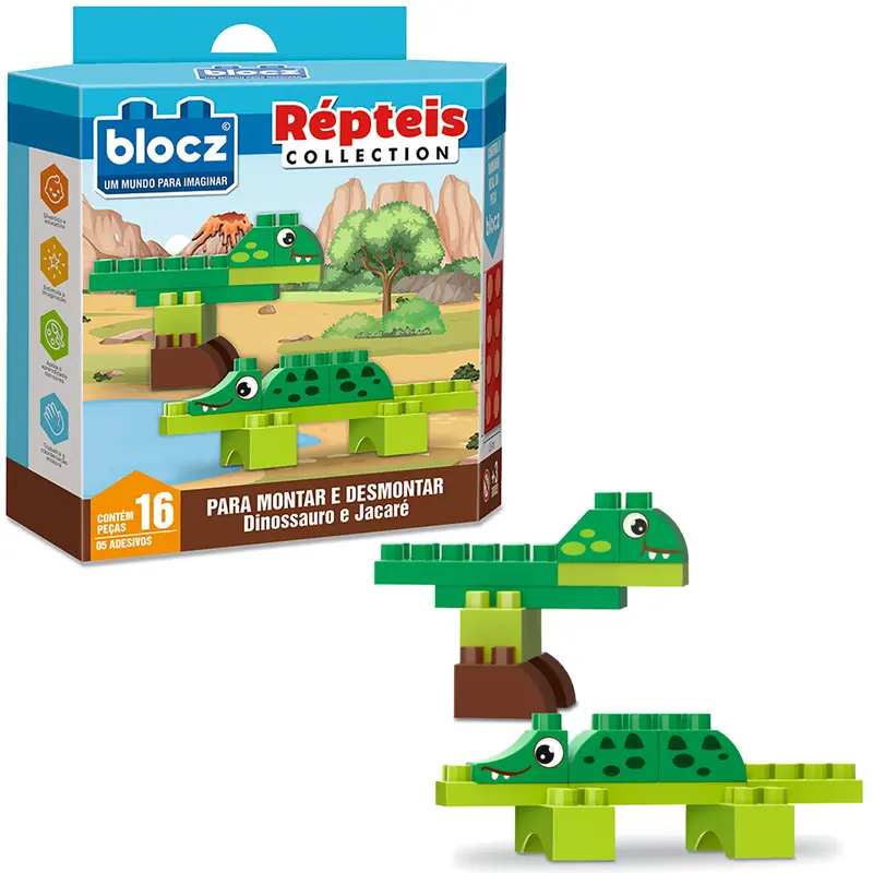 BLOCOS DE MONTAR BLOCKS DINOSSAURO E JACARE REPTEIS COLLECTION COM 5 ADESIVOS E 16 PECAS