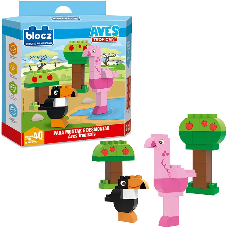 BLOCOS DE MONTAR BLOCKS AVES TROPICAIS COM 10 ADESIVOS E 40 PECAS