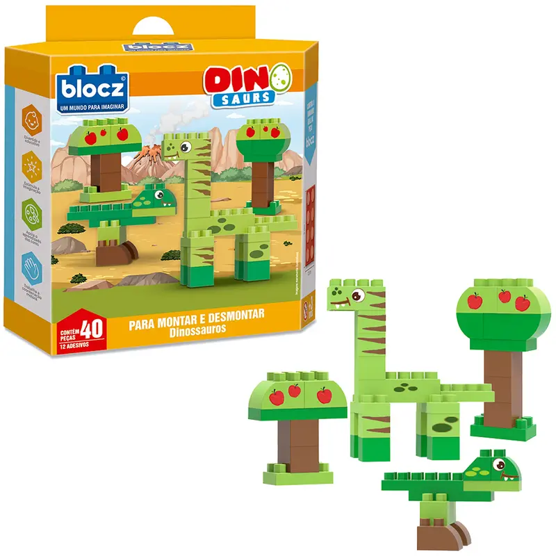 BLOCOS DE MONTAR BLOCKS DINOSSAUROS DINO SAURS COM 12 ADESIVOS E 40 PECAS