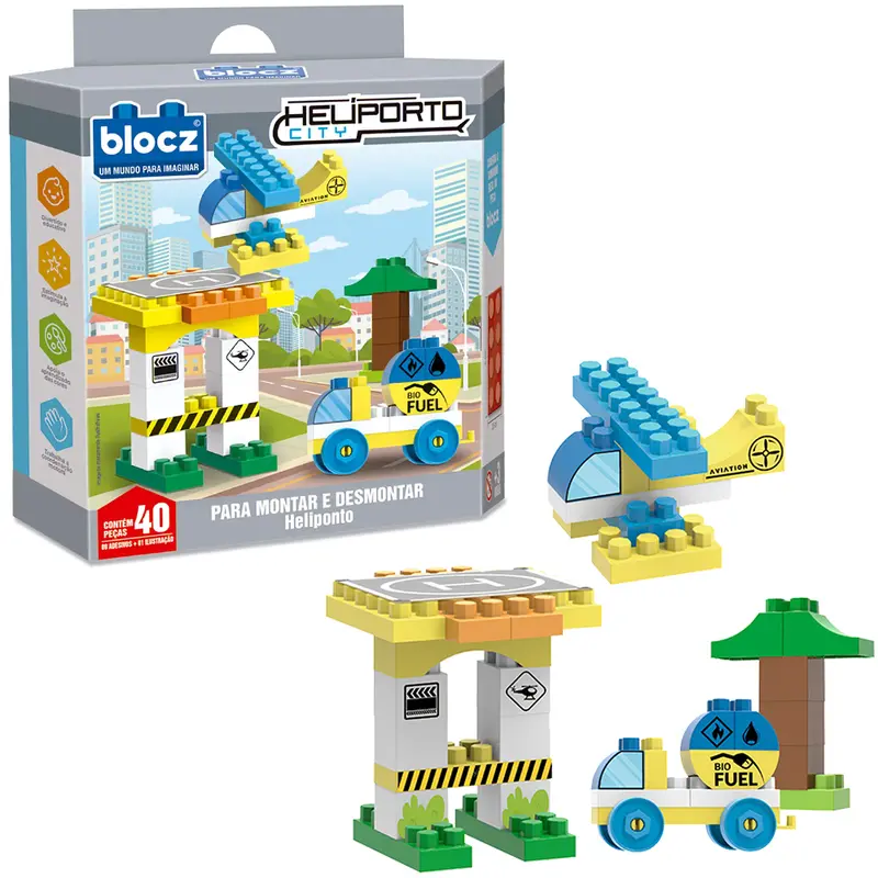 BLOCOS DE MONTAR BLOCKS HELIPORTO CITY COM 9 ADESIVOS + ILUSTRACAO E 40 PECAS