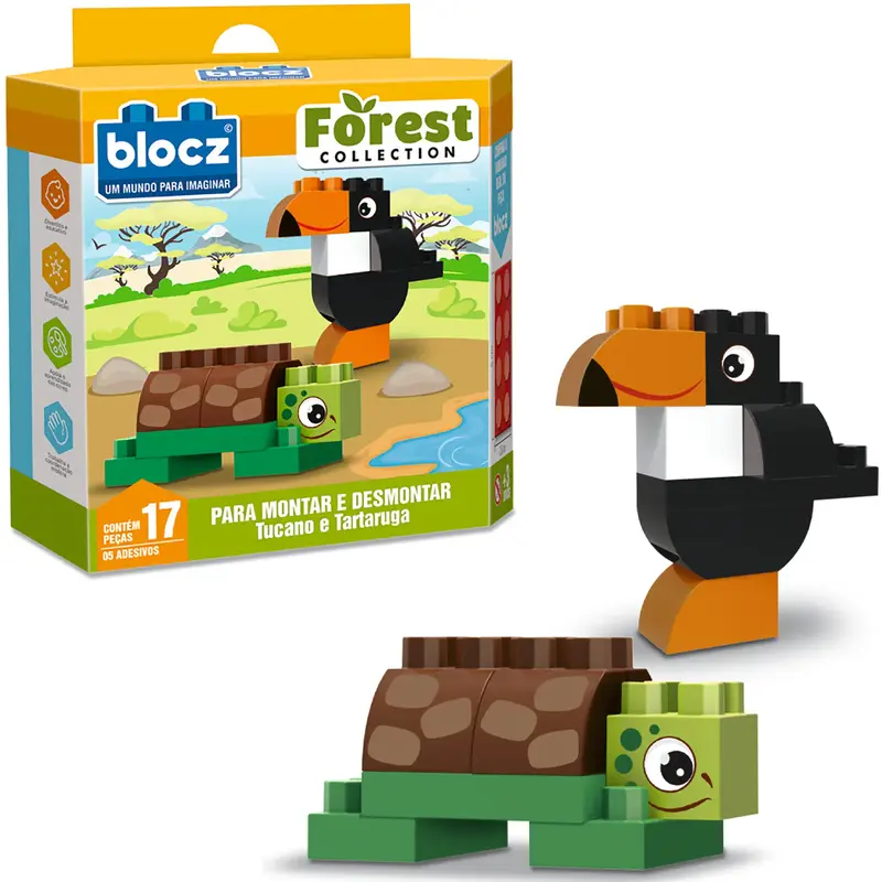 BLOCOS DE MONTAR BLOCKS TUCANO E TARTARUGA FOREST COLLECTION COM 5 ADESIVOS E 17 PECAS