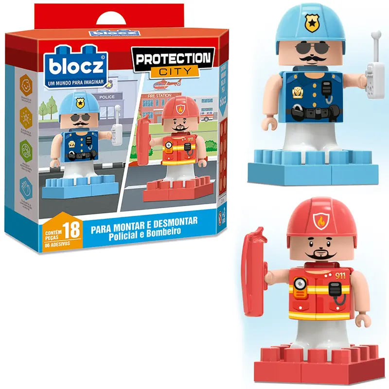 BLOCOS DE MONTAR BLOCKS POLICIAL E BOMBEIRO PROTECTION CITY COM 6 ADESIVOS E 18 PECAS