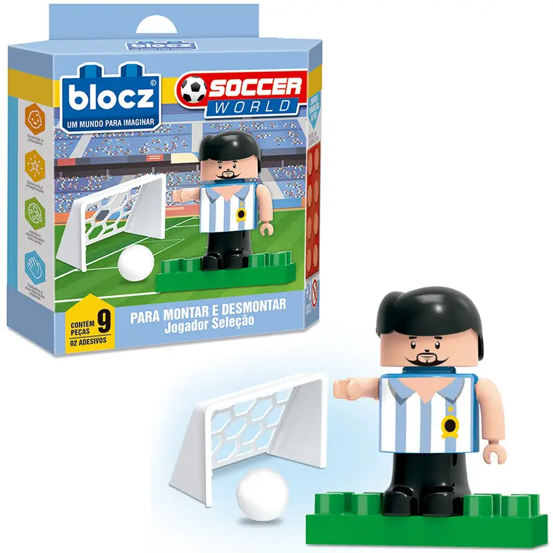 BLOCOS DE MONTAR BLOCKS JOGADOR DE SELECAO SOCCER WORLD COM 2 ADESIVOS E 9 PECAS