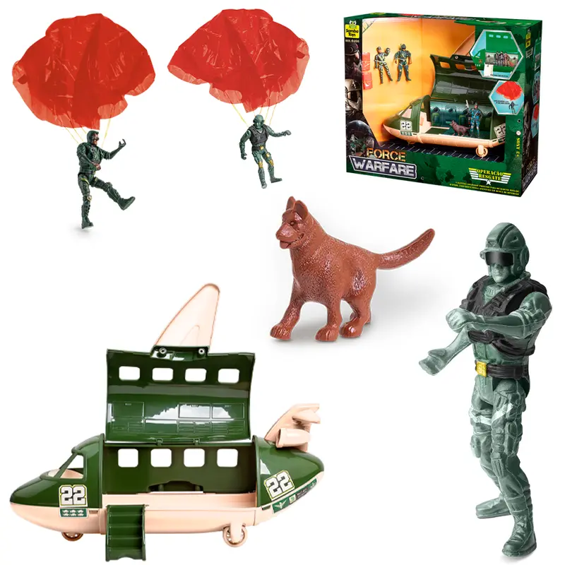 AVIAO MILITAR FORCE WARFARE + 3 BONECO SOLDADO COM PARAQUEDAS E CACHORRO