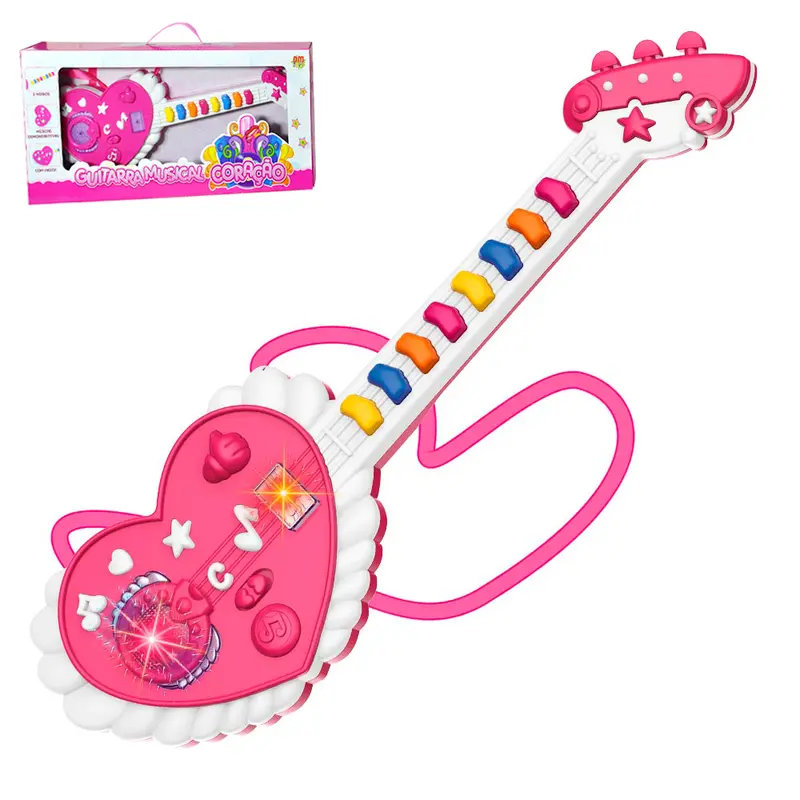 GUITARRA MUSICAL INFANTIL CORACAO COM LUZ A PILHA