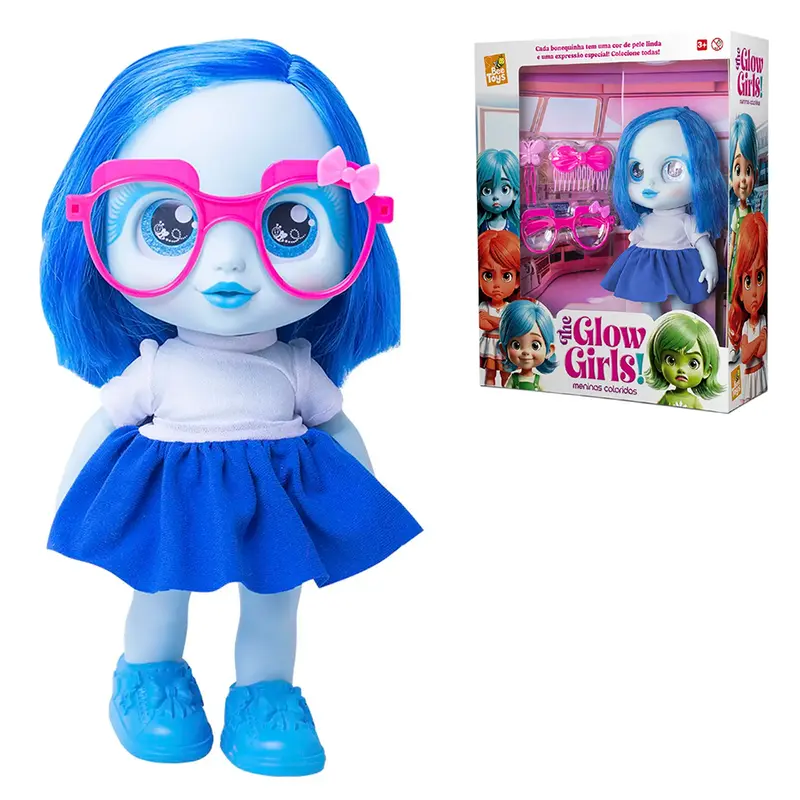 BONECA GLOW GIRLS! AZUL CELESTE COM OCULOS E 2 PRESILHAS