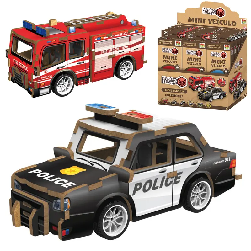 QUEBRA CABECA DE MADEIRA MDF 3D MINI VEICULO CAMINHAO DE BOMBEIRO A FRICCAO PULL BACK 29 PECAS