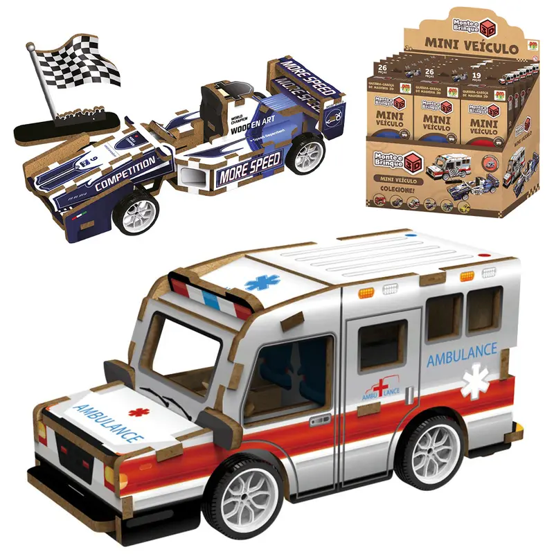 QUEBRA CABECA DE MADEIRA MDF 3D MINI VEICULO CARRO DE CORRIDA A FRICCAO PULL BACK 26 PECAS