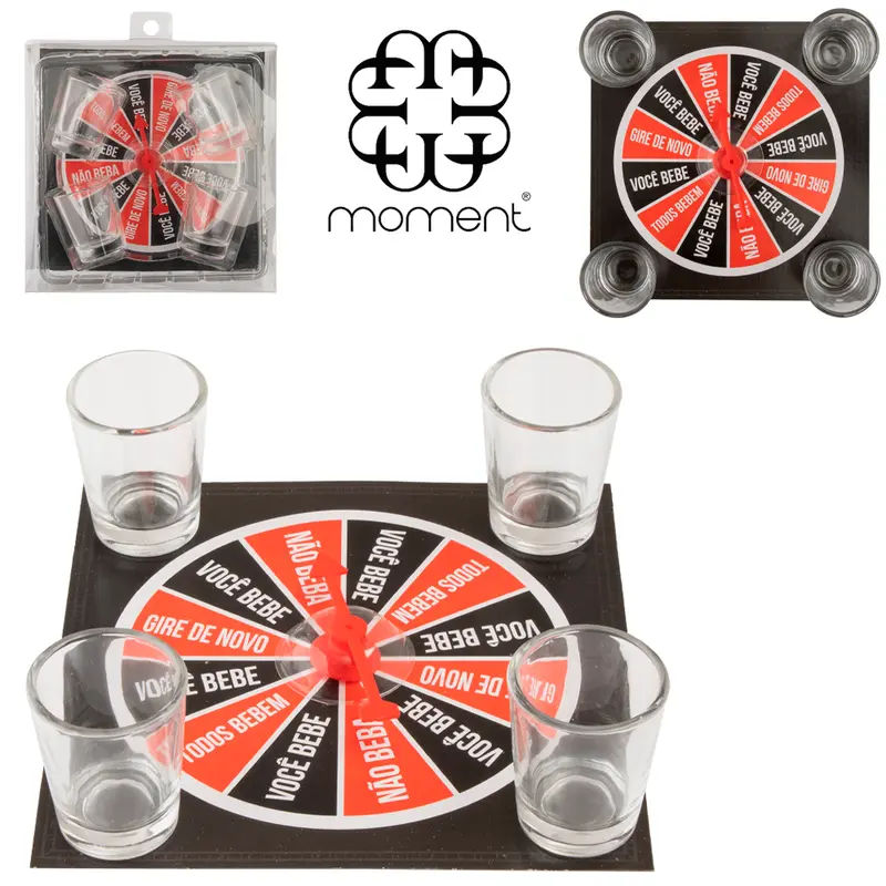 JOGO DE SHOT ROLETA / RODA VIRA-VIRA GIRATORIO COM 4 COPO DE VIDRO 25ML