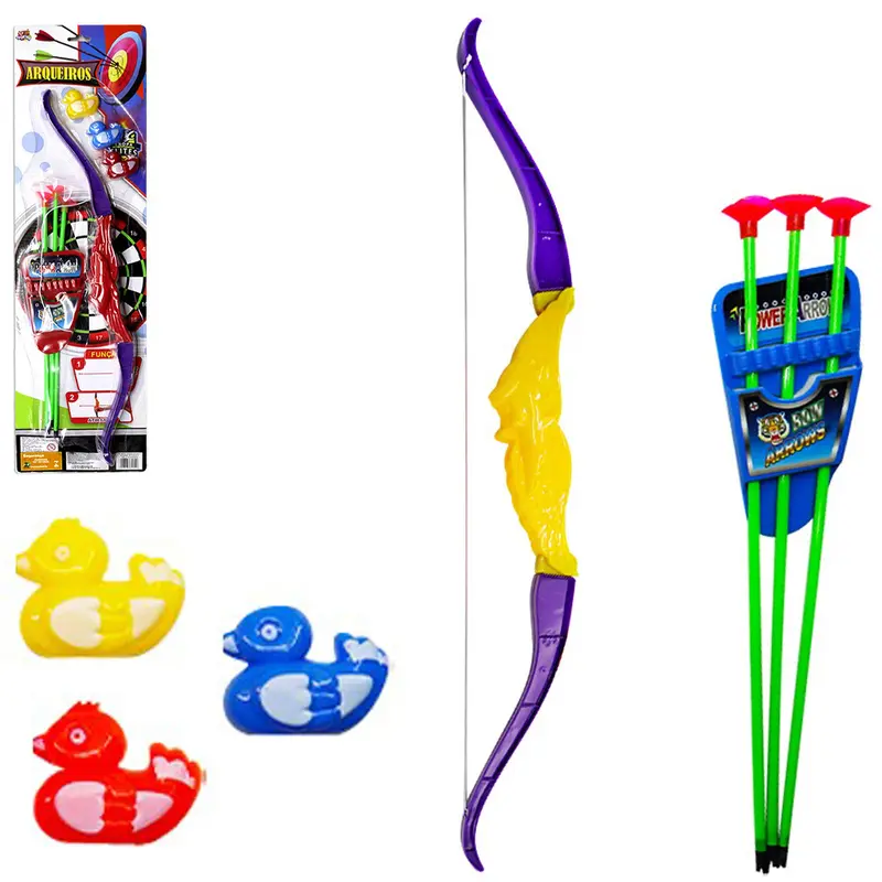 ARCO E FLECHA COM 3 VENTOSAS + SUPORTE E 3 PATOS ARQUEIROS
