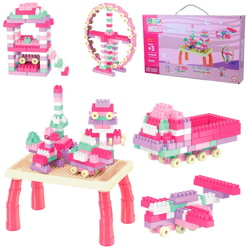 BLOCOS / MESA DE MONTAR INBLOX MEGA BLOCKS ROSA COM 80 PECAS