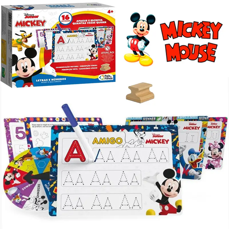 MICKEY LETRAS E NUMEROS 16 ATIVIDADES COM 8 CARTELAS DUPLA + CANETA + ROLETA E APAGADOR DE MADEIRA