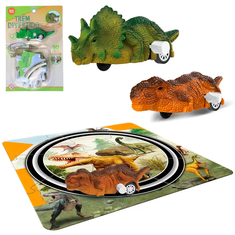 TREM DINOSSAURO LOCOMOTIVA A CORDA COM TRILHO QUEBRA CABECA 10 PECAS