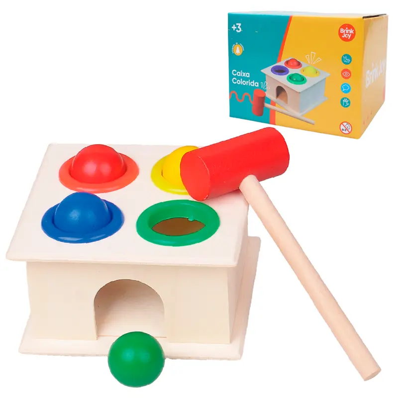 BRINQUEDO EDUCATIDO CAIXA COLORIDA BATE BOLAS DE MADEIRA COM MARTELO BRINK JOY
