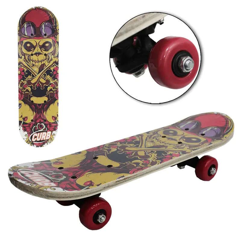 SKATE COM SHAPE DE MADEIRA + TRUCK DE NYLON E RODA DE PVC CAVEIRA VERMELHA 43X12,5CM
