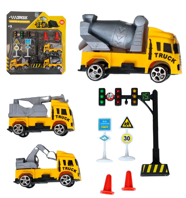 KIT VEICULO CAMINHAO CONSTRUCAO COM ACESSORIOS MAX SPEED RODA LIVRE 8 PECAS