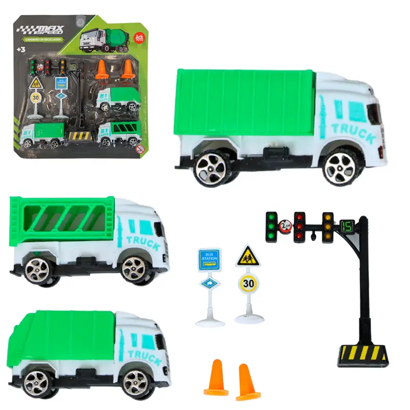 KIT VEICULO COM CAMINHAO SANITATION COM ACESSORIOS MAX SPEED RODA LIVRE 8 PECAS